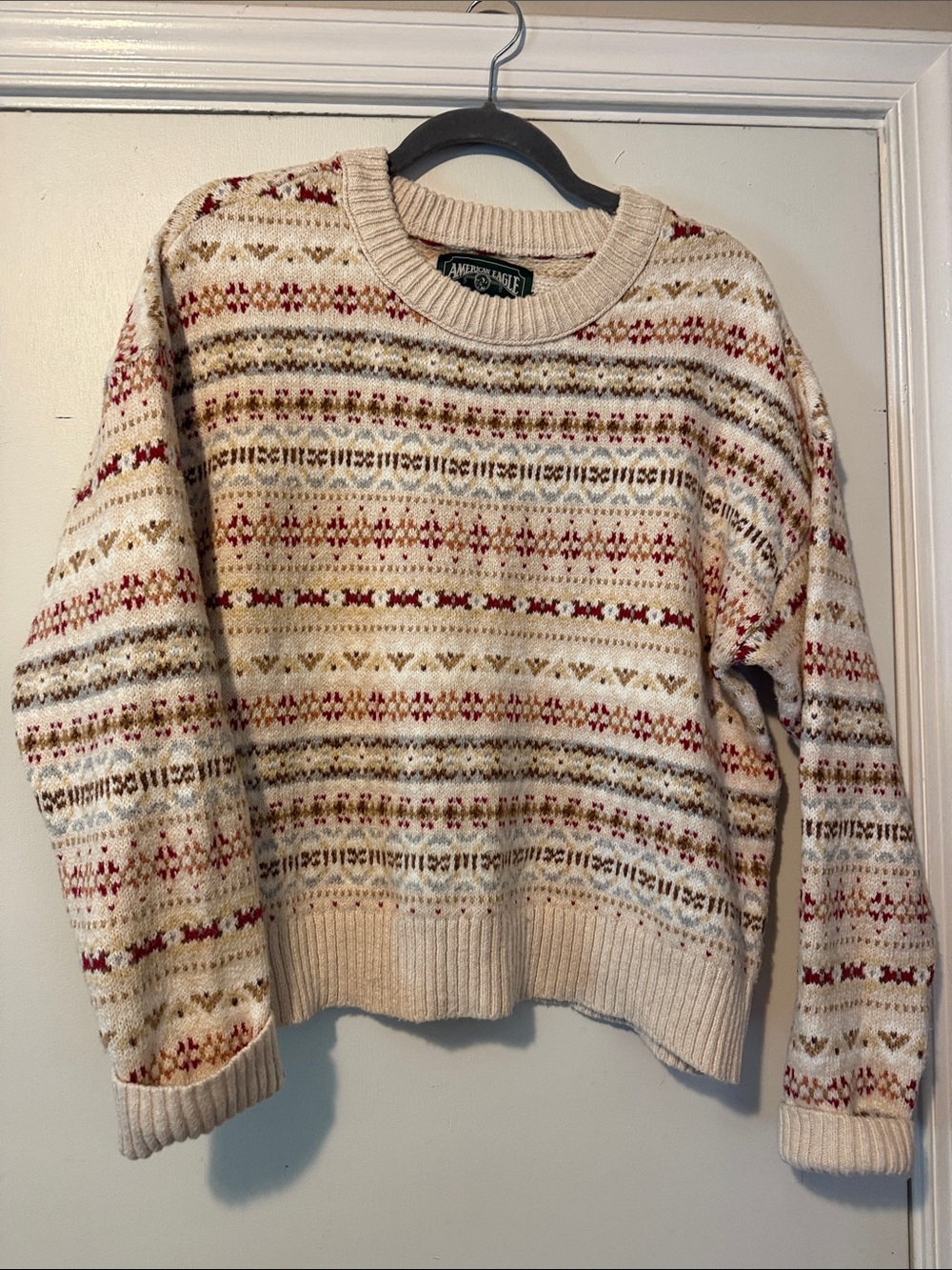 Lands' End Cream Fair Isle Crewneck with Red and Brown Accents